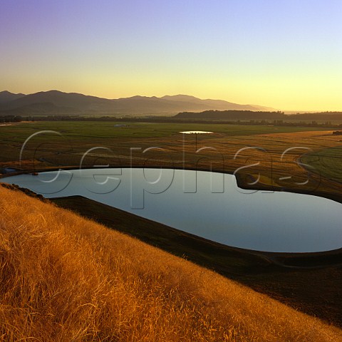 Sunrise over vineyards and irrigation dam of Winemakers of ARA in the Waihopai Valley with the Richmond Ranges beyond Marlborough New Zealand