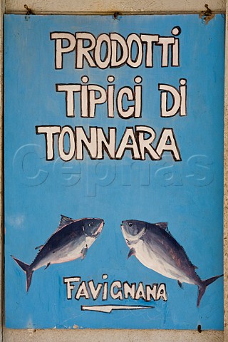 Sign advertising tuna products Favignana Favignana Island Sicily Italy