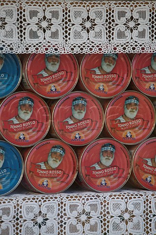 Cans of tuna in shop window Favignana Favignana Island Sicily Italy