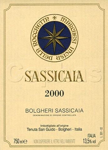 Sassicaia 2000 wine label of Tenuta San Guido Bolgheri Tuscany Italy