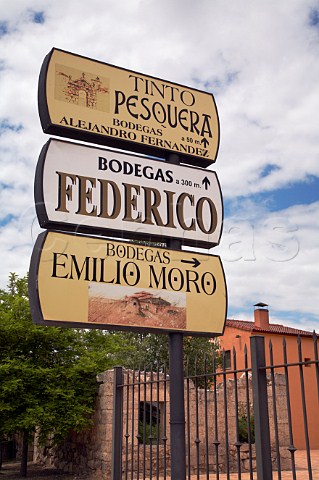 Signs for wineries in Pesquera de Duero Castilla y Len Spain Ribera del Duero