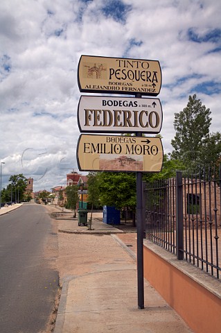Signs for wineries in Pesquera de Duero Castilla y Len Spain Ribera del Duero