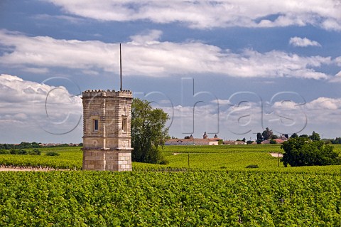 Tower in vineyard near Marbuzet with the turrets of Cos dEstournel in the distance Gironde France StEstphe  Bordeaux
