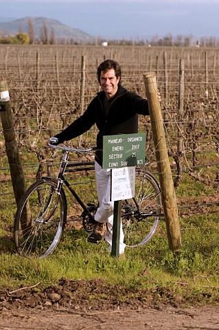 Adolfo Hurtado winemaker with his bike in organic Cabernet Sauvignon vineyard of Cono Sur Chimbarongo Colchagua Valley Chile