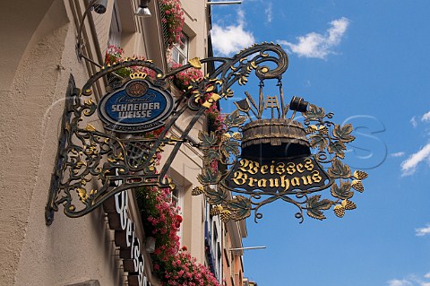 Decorative sign outside Weisses Brauhaus one of the oldest bierkellers in Munich Bavaria Germany