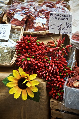 Fresh chilli peppers for sale on a stall at the Vucceria Palermo Sicily