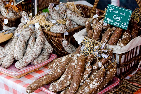 French saucisson on sale at a continental market in Malton North Yorkshire England
