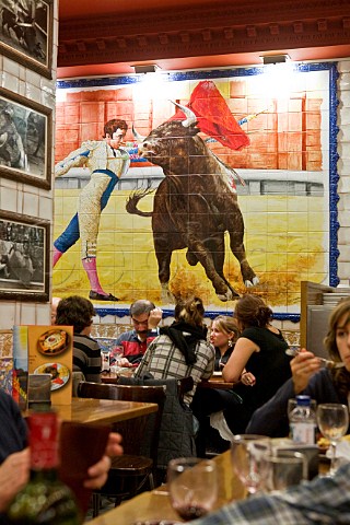 Bull fight tile mural in La Taurina restaurant Madrid Spain