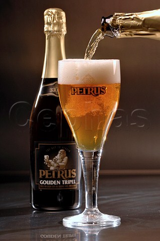 Pouring glass of Petrus Gouden Tripel Belgian beer