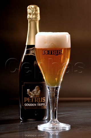 Glass and bottle of Petrus Gouden Tripel Belgian beer