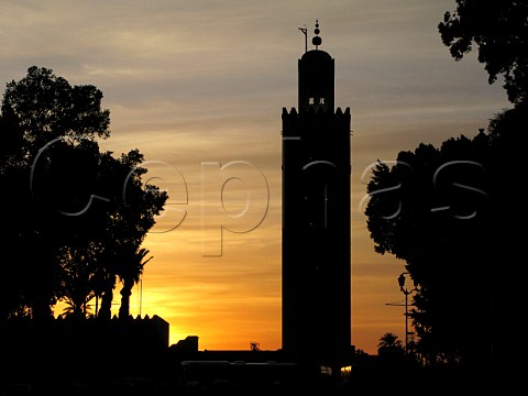 Silhouette of mosque tower Marrakech Morocco