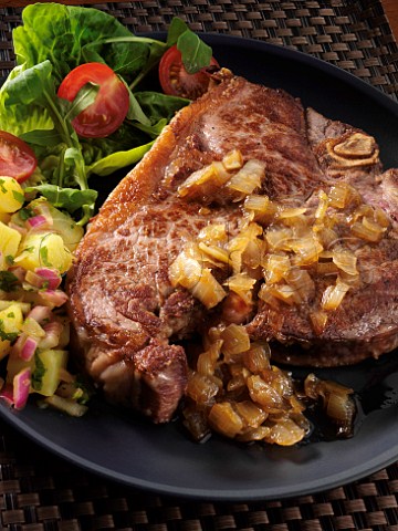 T bone steak and potato salad