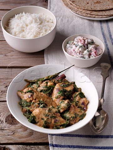 Chicken and spinach curry with raita and rice