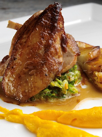 Roasted guinea fowl with parsnip tart fin carrot puree and jusgri