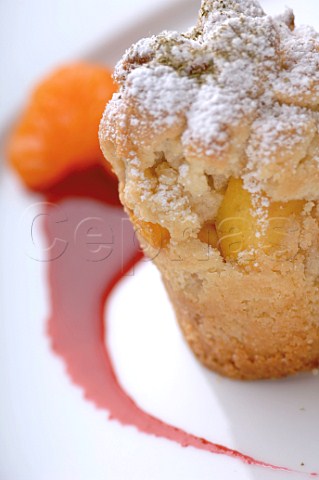 Baked apple dessert with orange and red fruit sauce