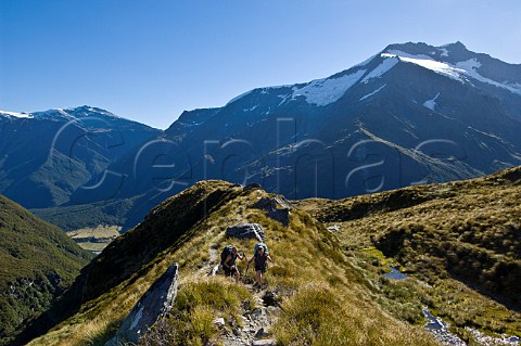 Hikers on French Ridge track Mt Aspiring National Park South Island New Zealand