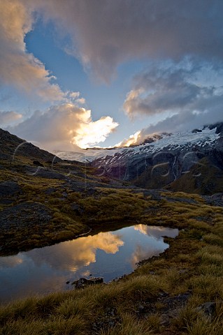 Tarn at dawn French Ridge Mt Aspiring National Park South Island New Zealand