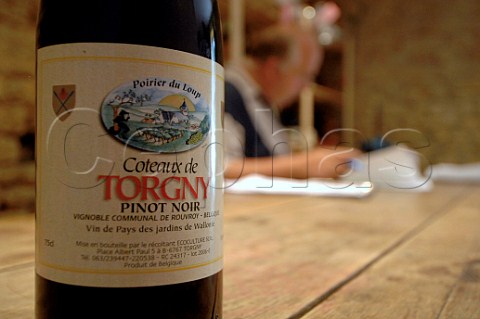 Bottle of Poirier du Loup Coteaux de Torgny pinot noir wine Belgium