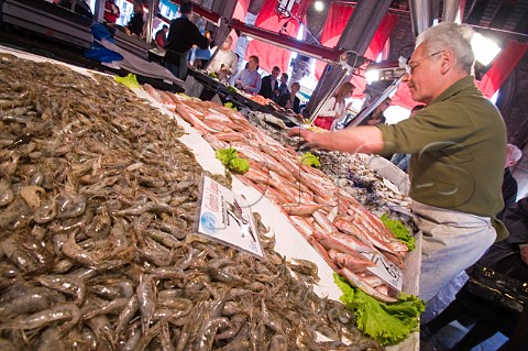 Fresh prawns on sale at the Pescheria Rialto fish market San Polo Venice Italy