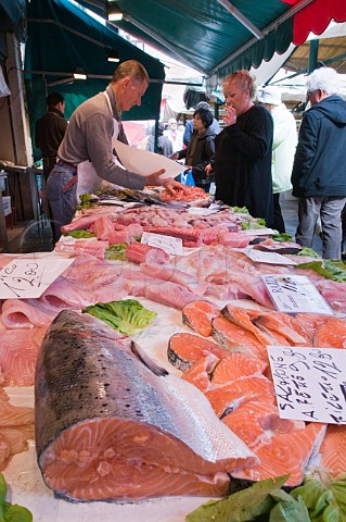 Salmon on sale at the Pescheria Rialto fish market San Polo Venice Italy