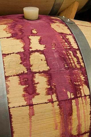 Red Pinot Noir wine stains on Cadus French Oak barrel in the cellar at Patricia Green Winery Ribbon Ridge AVA  Newberg Oregon USA  Ribbon Ridge