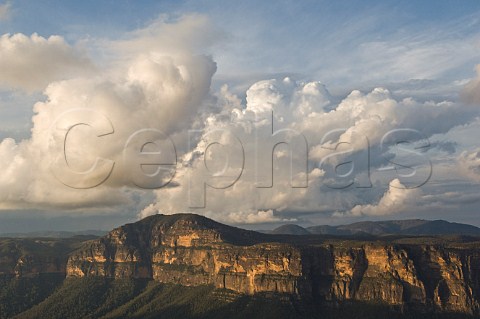 Dramatic clouds over Mt Banks at sunset Lockleys Pylon Blue Mountains National Park New South Wales Australia