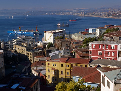 View over the bay of Valparaiso to Vina del Mar with Mount Aconcagua in the distance  Chile