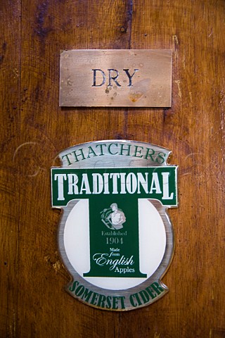 Label on barrel of dry cider Thatchers Cider Farm Sandford North Somerset England