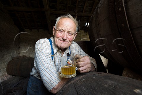 Cider maker Frank Naish aged 85 in his cider barn Glastonbury Somerset England