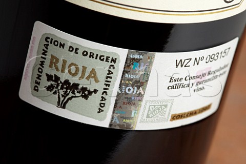 Spanish wine back label with hologram on bottle of DOC Rioja