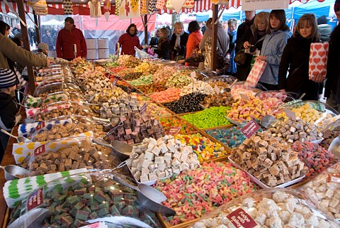 Confectionery on a German stall at the York International Market Place York England