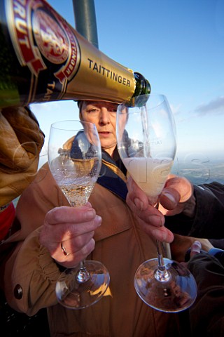 Margaret Everitt BSc MIFST in the Taittinger hotair balloon taking part in their altitudinal Champagne tasting to research the affect of altitude on the taste and bubbles