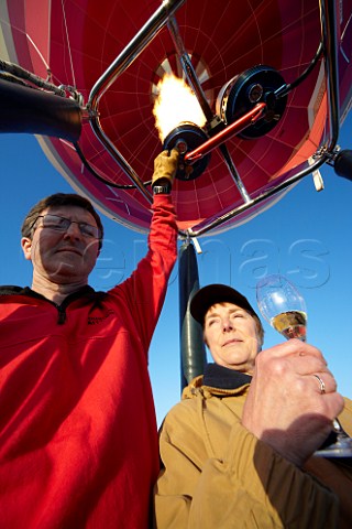 Pete Dalby pilot and Margaret Everitt BSc MIFST in the Taittinger hotair balloon taking part in their altitudinal Champagne tasting to research the affect of altitude on the taste and bubbles