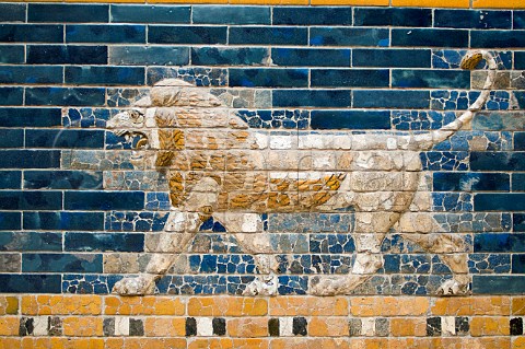 Detail of lion on the Babylonian gate of Ishtar reconstructed in Pergamon Museum Berlin Germany
