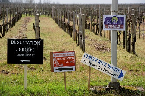 Signs for tastings during En Primeur week 2009  Pomerol Bordeaux France