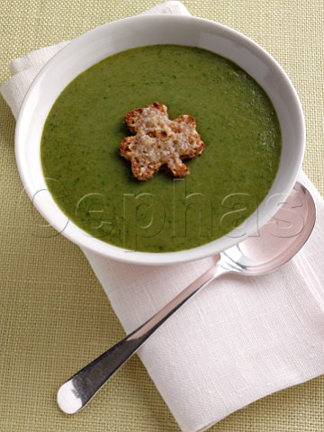 A bowl of watercress soup with a shamrock shaped toast crouton