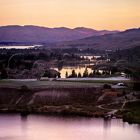 Dawn over Cairnmuir vineyard of Carrick Wines on Lake Dunstan Cromwell near Bannockburn Central Otago New Zealand