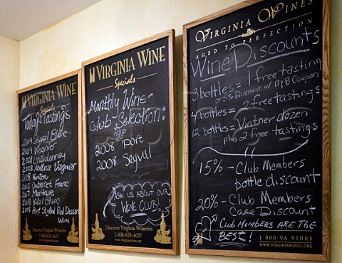 Blackboards listing wines available in tasting room of Rappahannock Cellars    Huntly Virginia USA