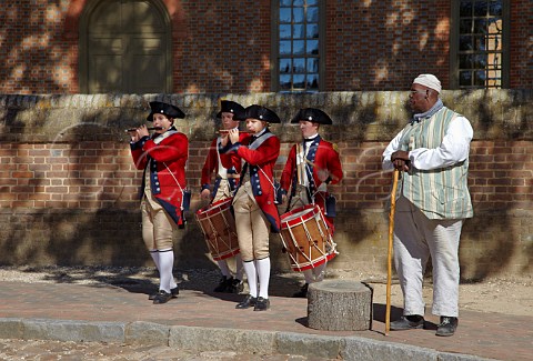 Fife and drum band a historical reenactment in Colonial Williamsburg Virginia USA