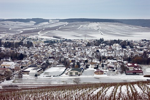 View from above Les Clos vineyard grand cru over the town of Chablis and its La Chablisienne cooperative winery with Montmains and Vaillons vineyards premier cru beyond Yonne France