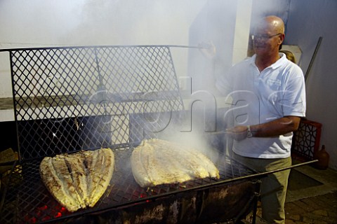 Johann Krige cooking Snoek on the braai at Kanonkop  Stellenbosch Western Cape South Africa