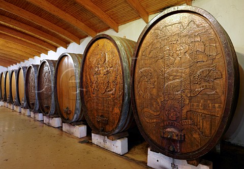 Carved barrels in old cellar of Nederburg winery Paarl Western Cape South Africa
