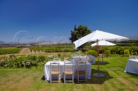 Tables set for lunch in garden of Elgin Ridge Elgin Western Cape South Africa Elgin