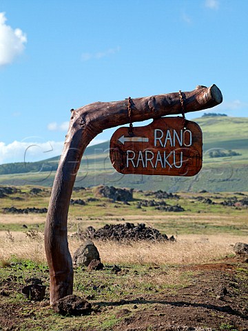 Sign to Rano Raraku where there are many Moais abandoned on a hill Easter Island