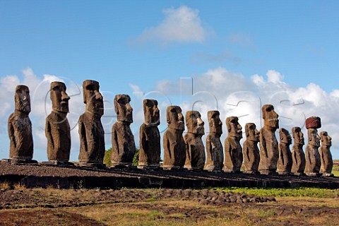 The fifteen Moais at Ahu Tongariki one still with a topknot Easter Island