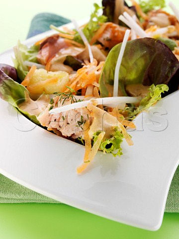 Grilled salmon mixed leaf pineapple mooli grated carrot salad