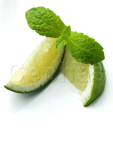 Two lime slices and mint leaves on a white background