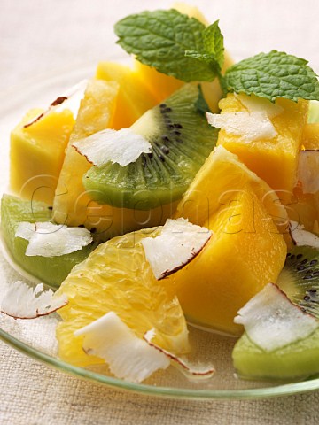 Tropical fruit salad with kiwi fruit pineapple mango and coconut shavings