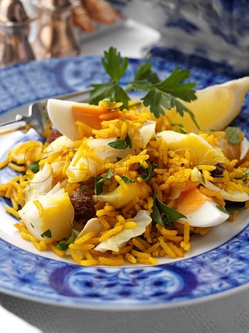 Individual portion of kedgeree with toast