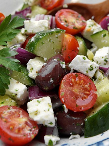 Close up of a bowl of Greek salad